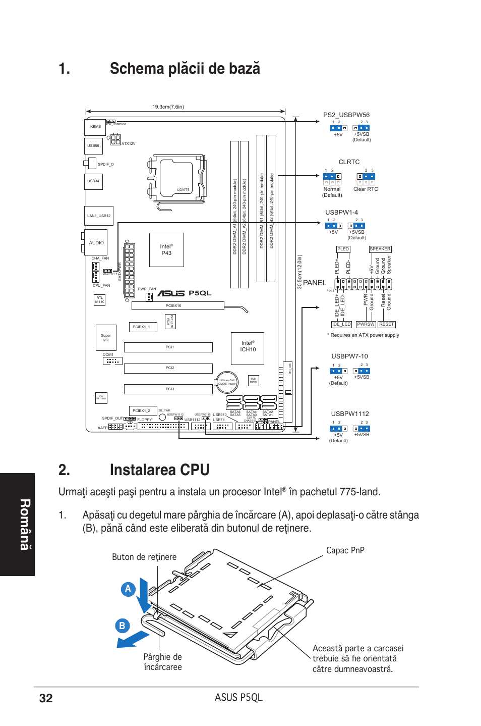 Schema plăcii de bază . instalarea cpu, Română, Asus p5ql | Panel | Asus P5QL User Manual | Page 32 / 38