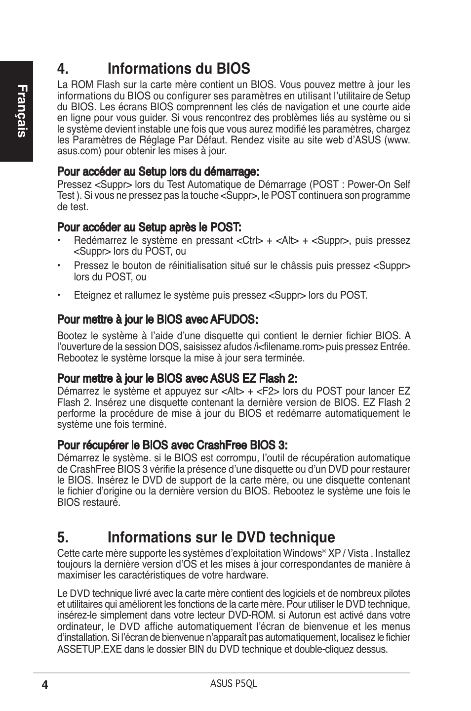 Informations du bios, Informations sur le dvd technique, Français | Asus P5QL User Manual | Page 4 / 38