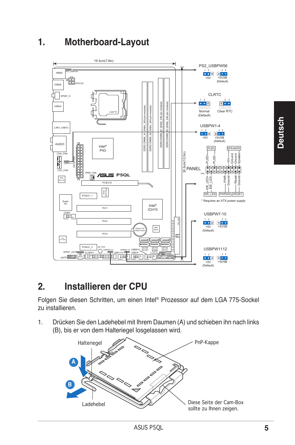 Motherboard-layout . installieren der cpu, Deutsch, Folgen sie diesen schritten, um einen intel | Asus p5ql, Panel | Asus P5QL User Manual | Page 5 / 38