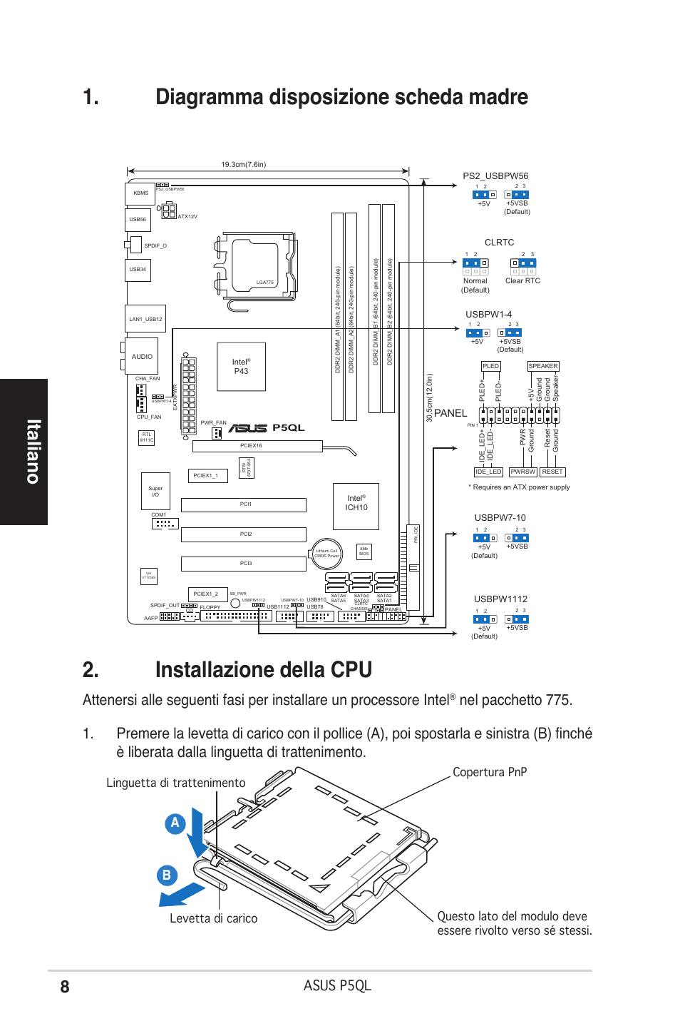 Italiano, Asus p5ql, Panel | P5ql | Asus P5QL User Manual | Page 8 / 38