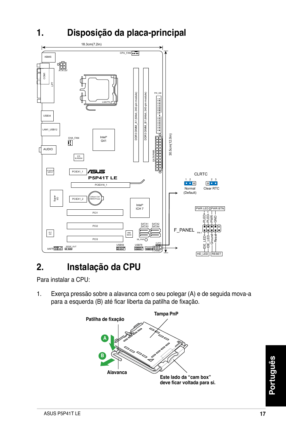 Disposição da placa-principal . instalação da cpu, Português, Asus p5p41t le a b | F_panel | Asus P5P41T LE User Manual | Page 17 / 41