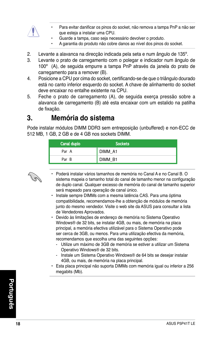 Memória do sistema, Português | Asus P5P41T LE User Manual | Page 18 / 41