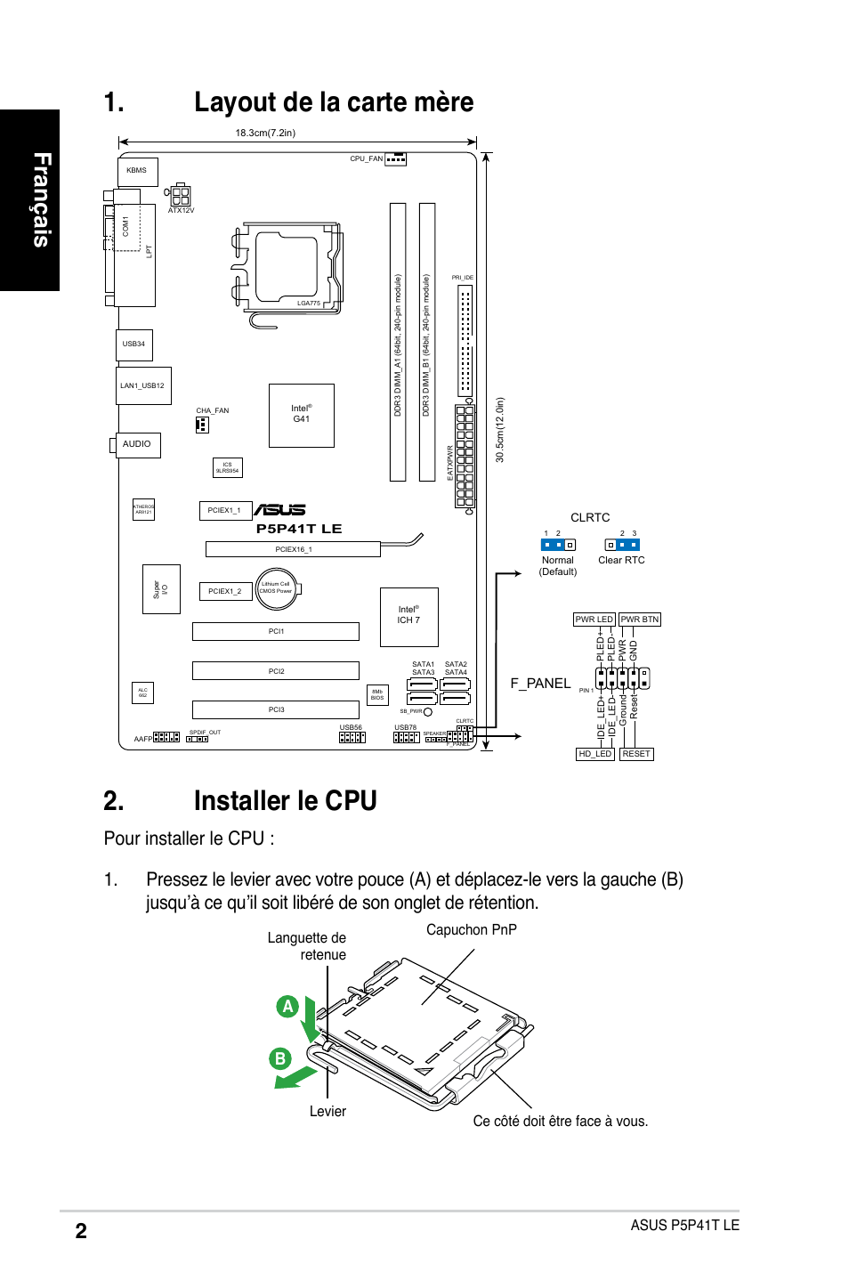 Installer le cpu, Layout de la carte mère, Français | Asus p5p41t le, F_panel | Asus P5P41T LE User Manual | Page 2 / 41