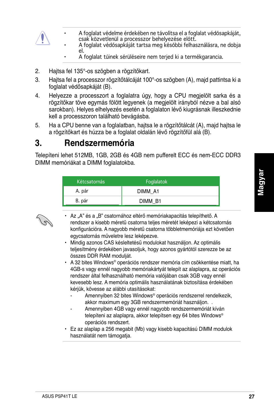 Rendszermemória, Magyar | Asus P5P41T LE User Manual | Page 27 / 41