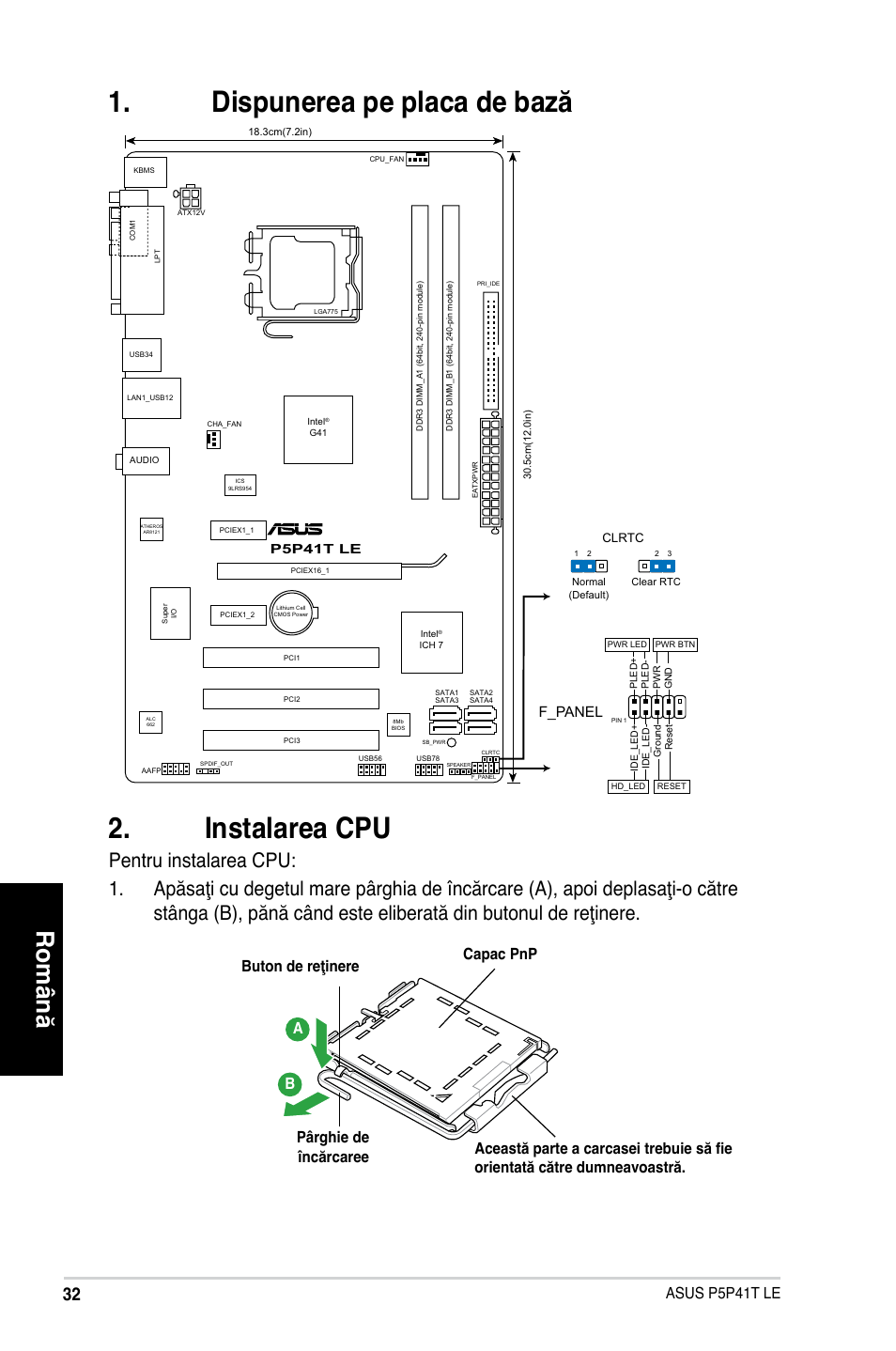 Dispunerea pe placa de bază . instalarea cpu, Română, Asus p5p41t le a b | F_panel | Asus P5P41T LE User Manual | Page 32 / 41