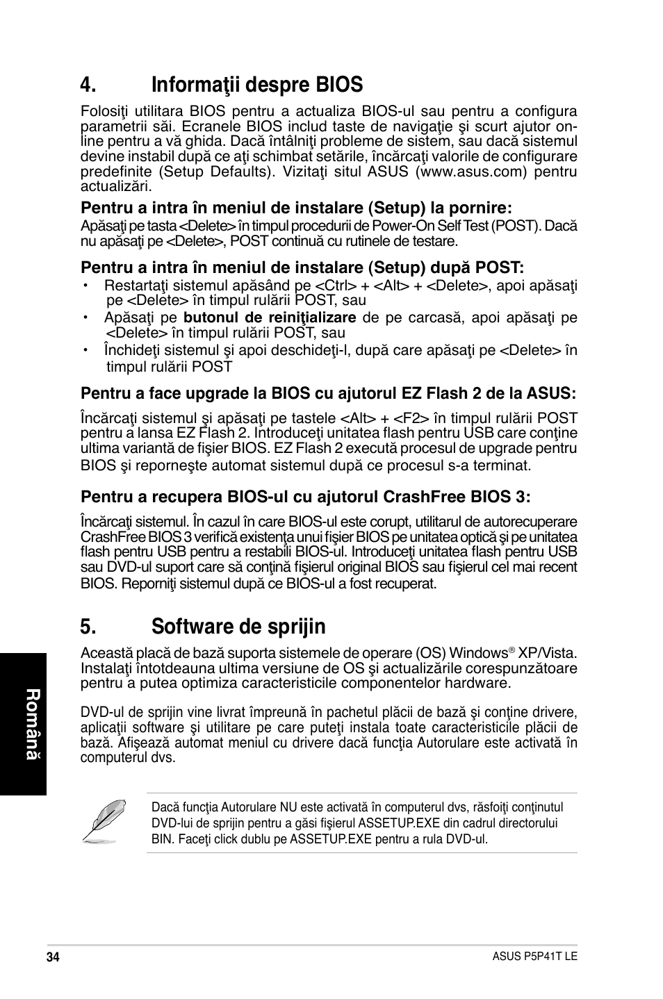 Informaţii despre bios, Software de sprijin, Română | Asus P5P41T LE User Manual | Page 34 / 41