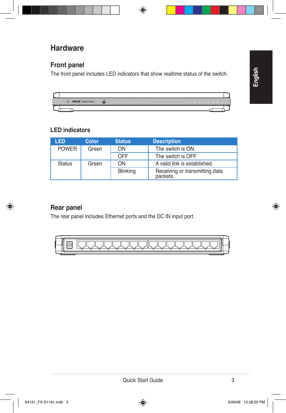 Hardware, Front panel, Rear panel | Asus FX-D1161 User Manual | Page 4 / 30