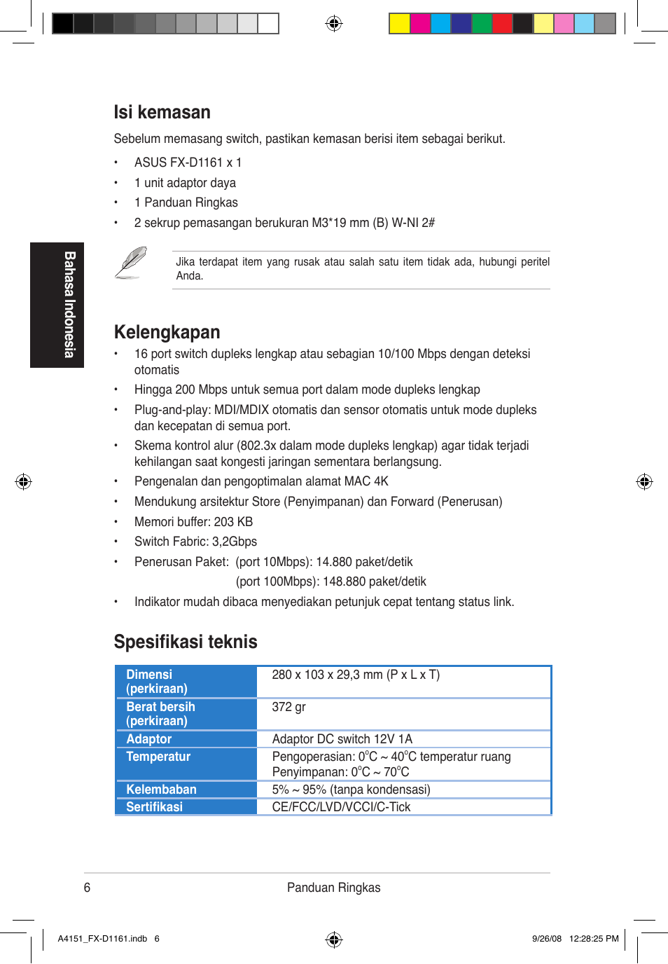 Isi kemasan, Kelengkapan, Spesifikasi teknis | Asus FX-D1161 User Manual | Page 7 / 30