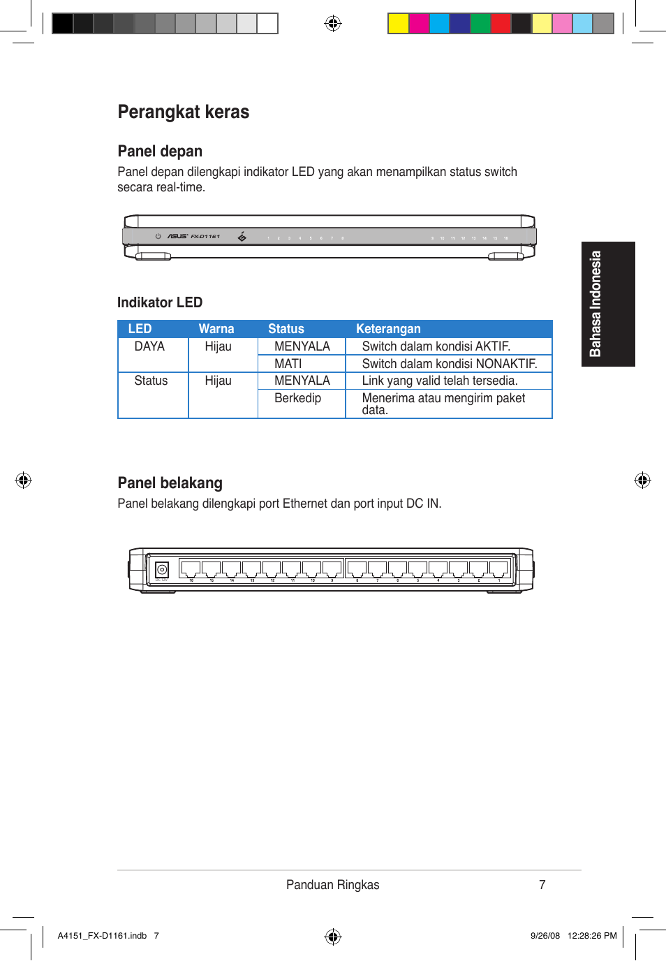 Perangkat keras, Panel depan, Panel belakang | Asus FX-D1161 User Manual | Page 8 / 30