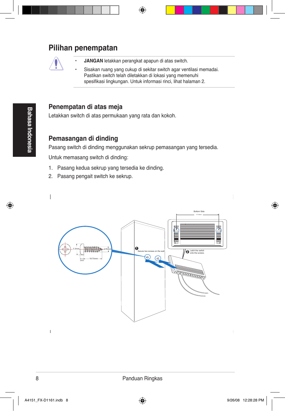 Pilihan penempatan, Pemasangan di dinding, Penempatan di atas meja | Ba ha sa i nd on esia, 8panduan ringkas | Asus FX-D1161 User Manual | Page 9 / 30