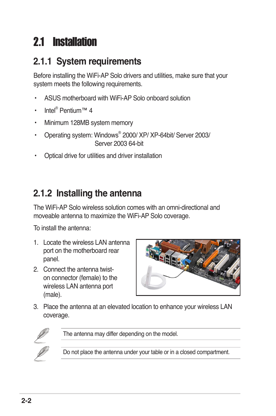 1 installation, 1 system requirements, 2 installing the antenna | Asus P5K Deluxe/WiFi-AP User Manual | Page 15 / 59