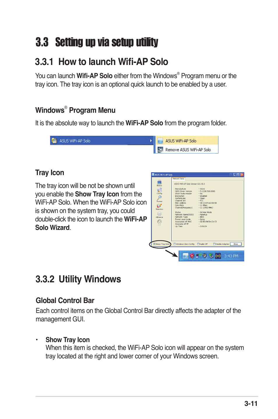 3 setting up via setup utility, 1 how to launch wifi-ap solo, 2 utility windows | Asus P5K Deluxe/WiFi-AP User Manual | Page 28 / 59