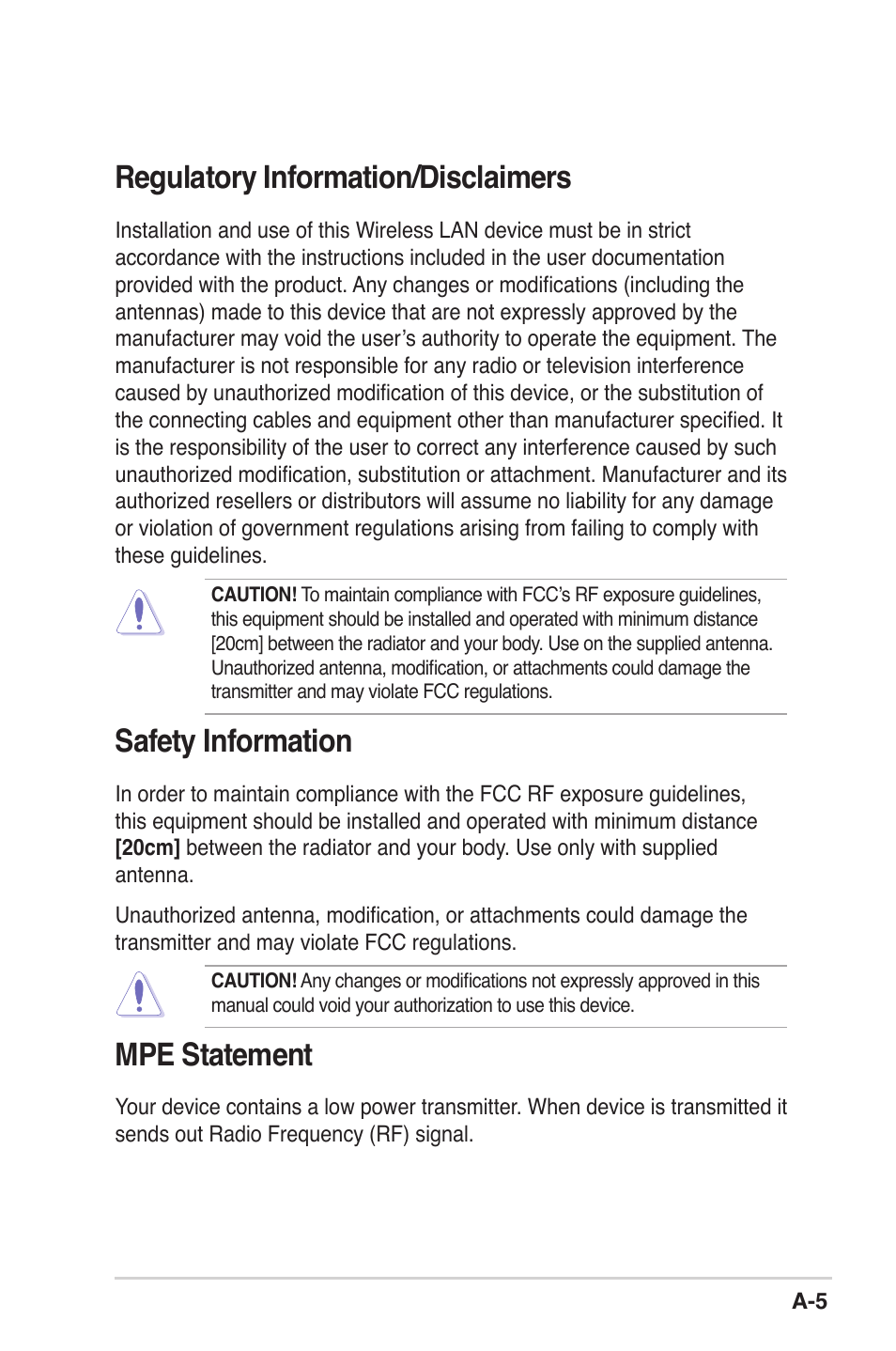 Regulatory information/disclaimers, Safety information, Mpe statement | Asus P5K Deluxe/WiFi-AP User Manual | Page 58 / 59