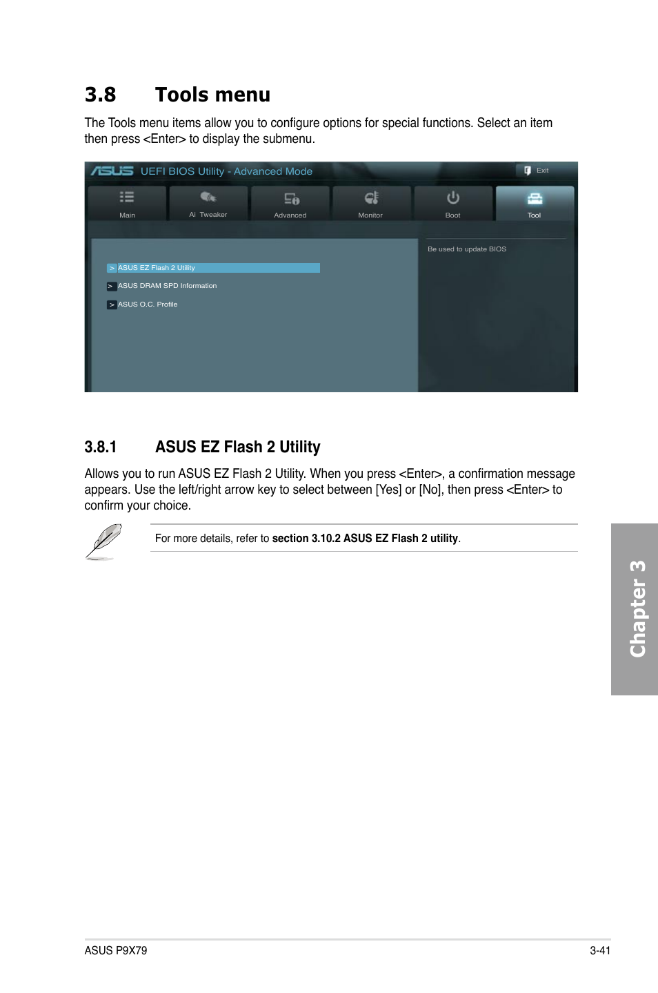 Chapter 3 3.8 tools menu, 1 asus ez flash 2 utility | Asus P9X79 User Manual | Page 107 / 156