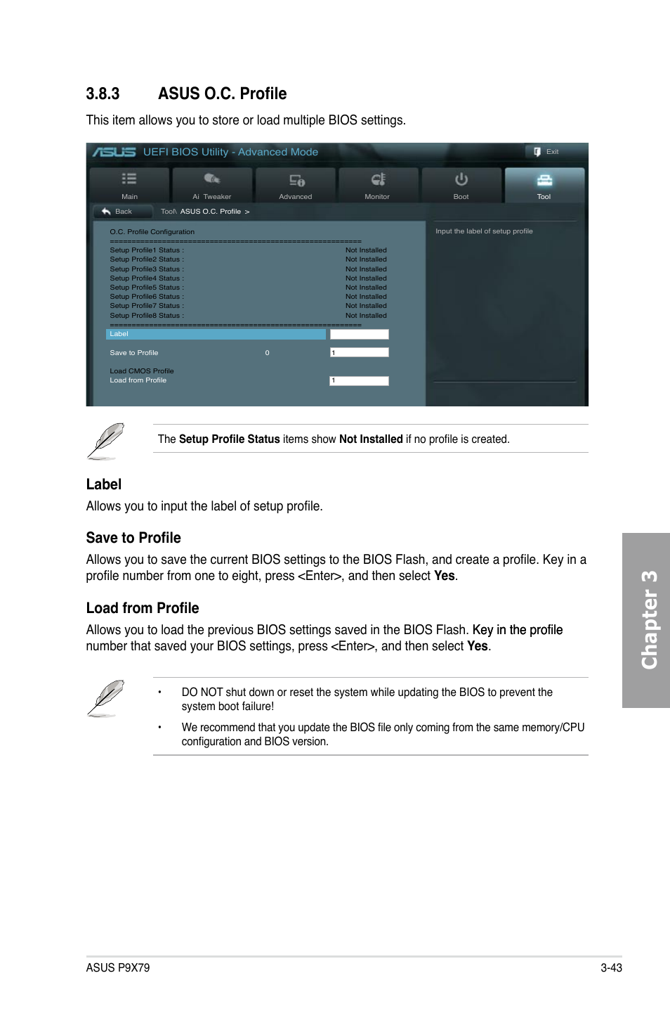 Chapter 3, 3 asus o.c. profile, Label | Save to profile, Load from profile, Allows you to input the label of setup profile | Asus P9X79 User Manual | Page 109 / 156