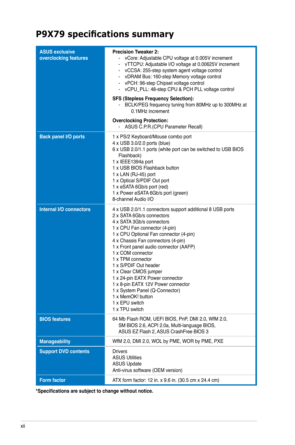 P9x79 specifications summary | Asus P9X79 User Manual | Page 12 / 156