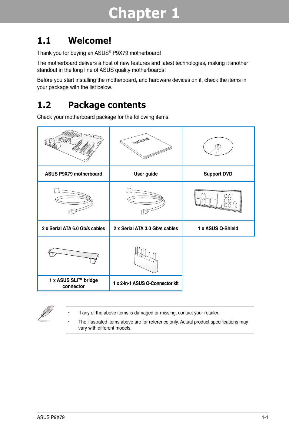 Chapter 1, Chapter 1 1.1 welcome, 2 package contents | Asus P9X79 User Manual | Page 13 / 156
