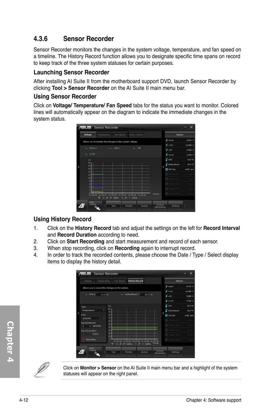 Chapter 4, 6 sensor recorder | Asus P9X79 User Manual | Page 130 / 156