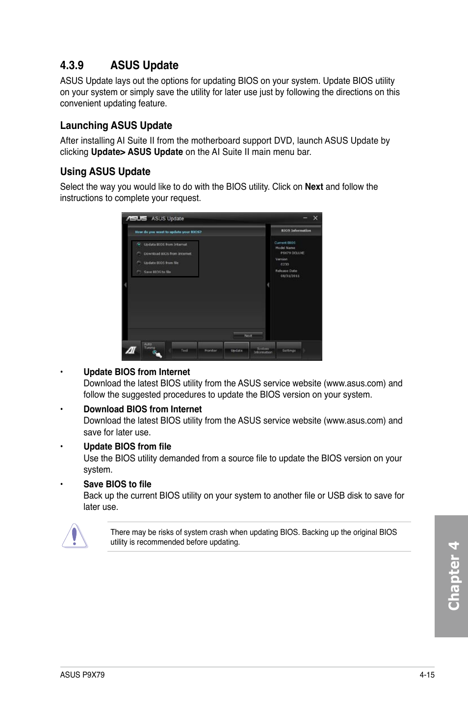 Chapter 4, 9 asus update | Asus P9X79 User Manual | Page 133 / 156