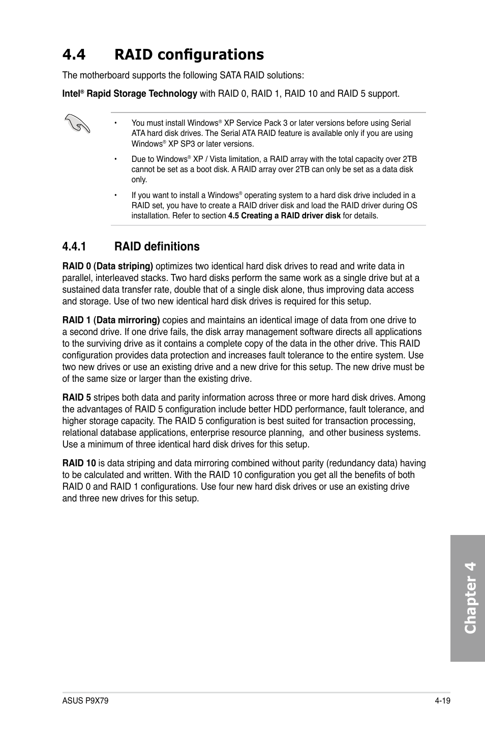 Chapter 4 4.4 raid configurations, 1 raid definitions | Asus P9X79 User Manual | Page 137 / 156
