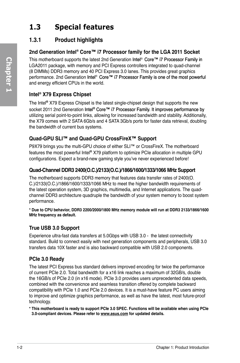 Chapter 1 1.3 special features, 1 product highlights | Asus P9X79 User Manual | Page 14 / 156