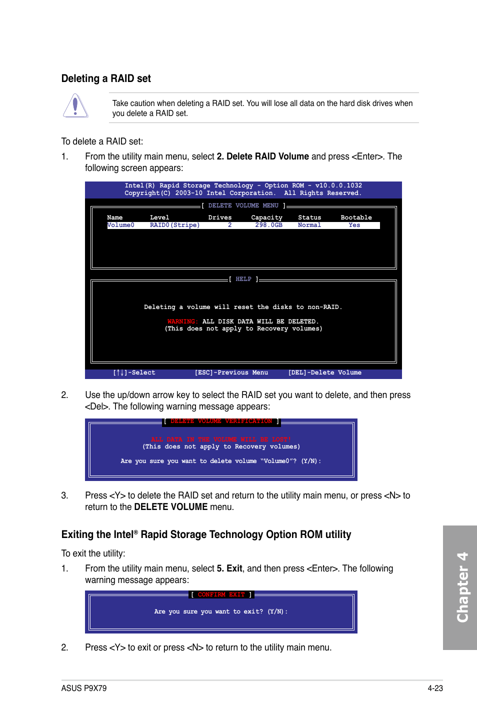 Chapter 4, Deleting a raid set, Exiting the intel | Rapid storage technology option rom utility | Asus P9X79 User Manual | Page 141 / 156