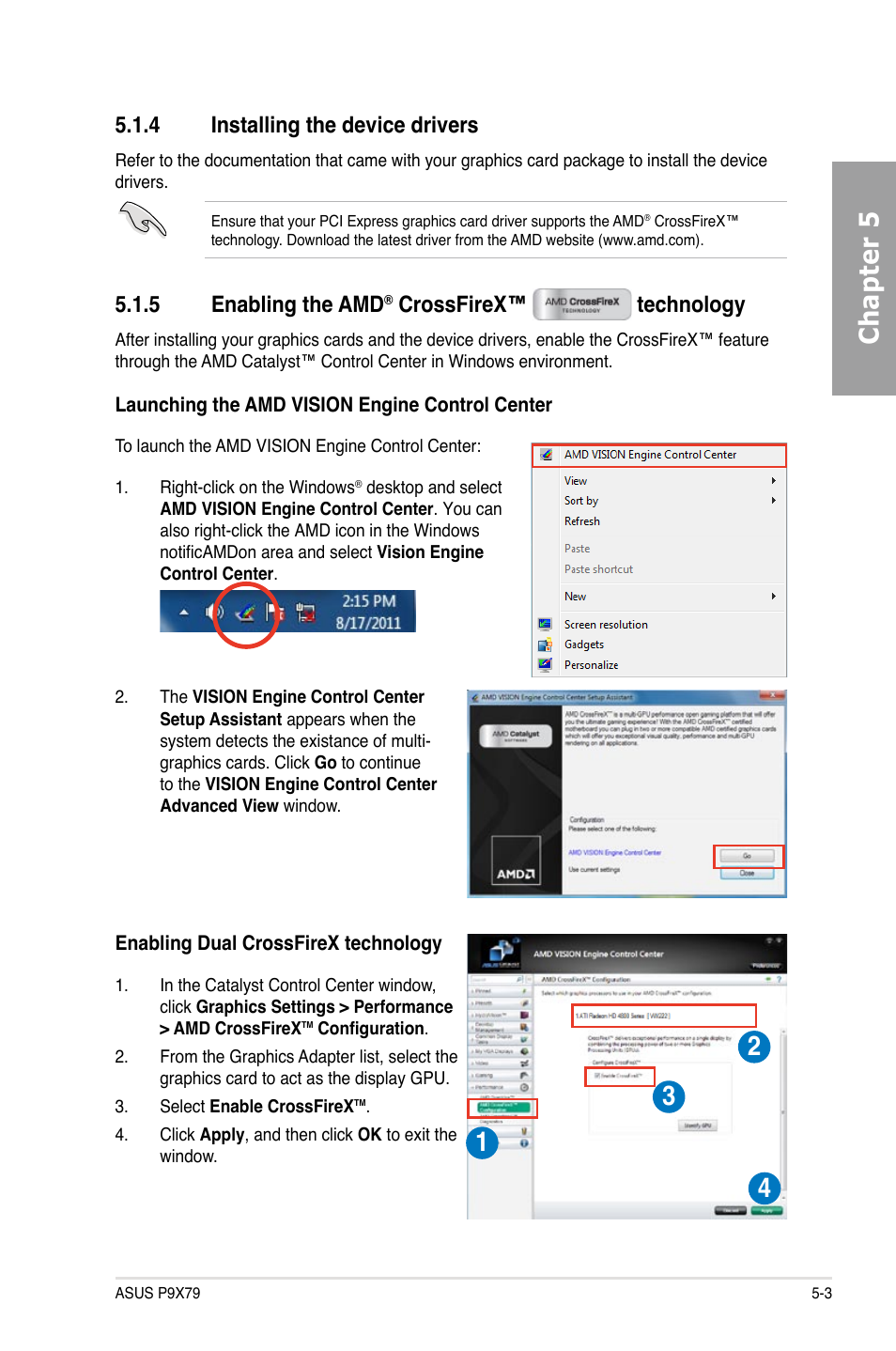 Chapter 5, 4 installing the device drivers, 5 enabling the amd | Crossfirex™ technology | Asus P9X79 User Manual | Page 149 / 156