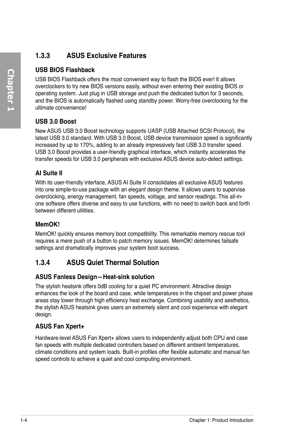 Chapter 1, 3 asus exclusive features, 4 asus quiet thermal solution | Asus P9X79 User Manual | Page 16 / 156