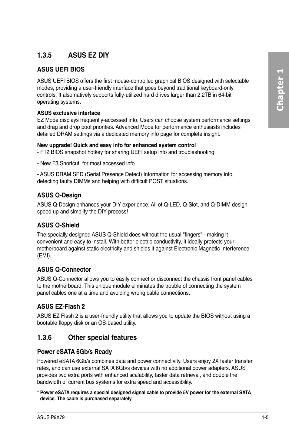 Chapter 1, 5 asus ez diy, 6 other special features | Asus P9X79 User Manual | Page 17 / 156