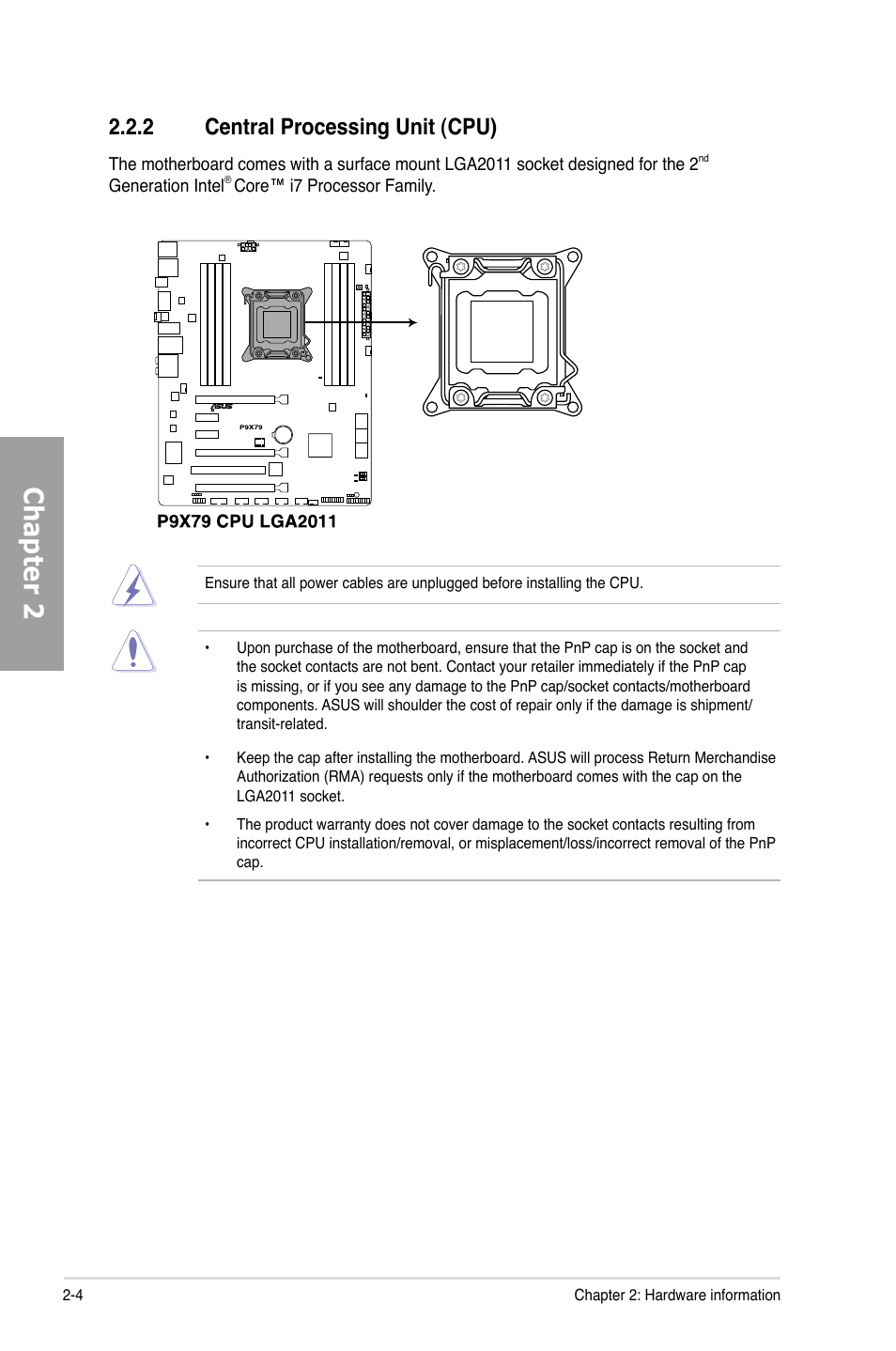 Chapter 2, 2 central processing unit (cpu) | Asus P9X79 User Manual | Page 22 / 156