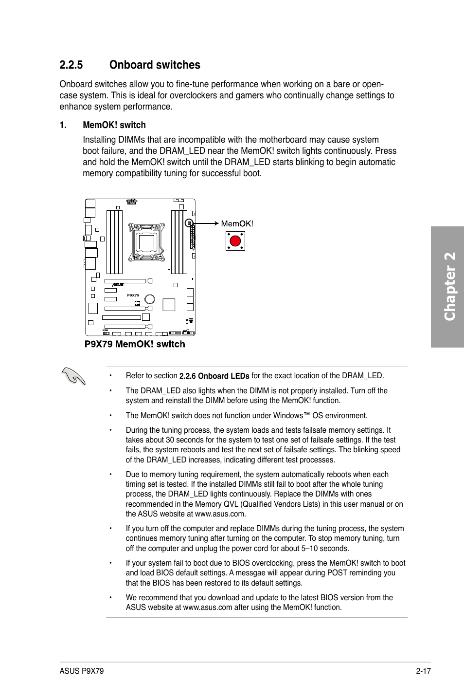 Chapter 2, 5 onboard switches | Asus P9X79 User Manual | Page 35 / 156