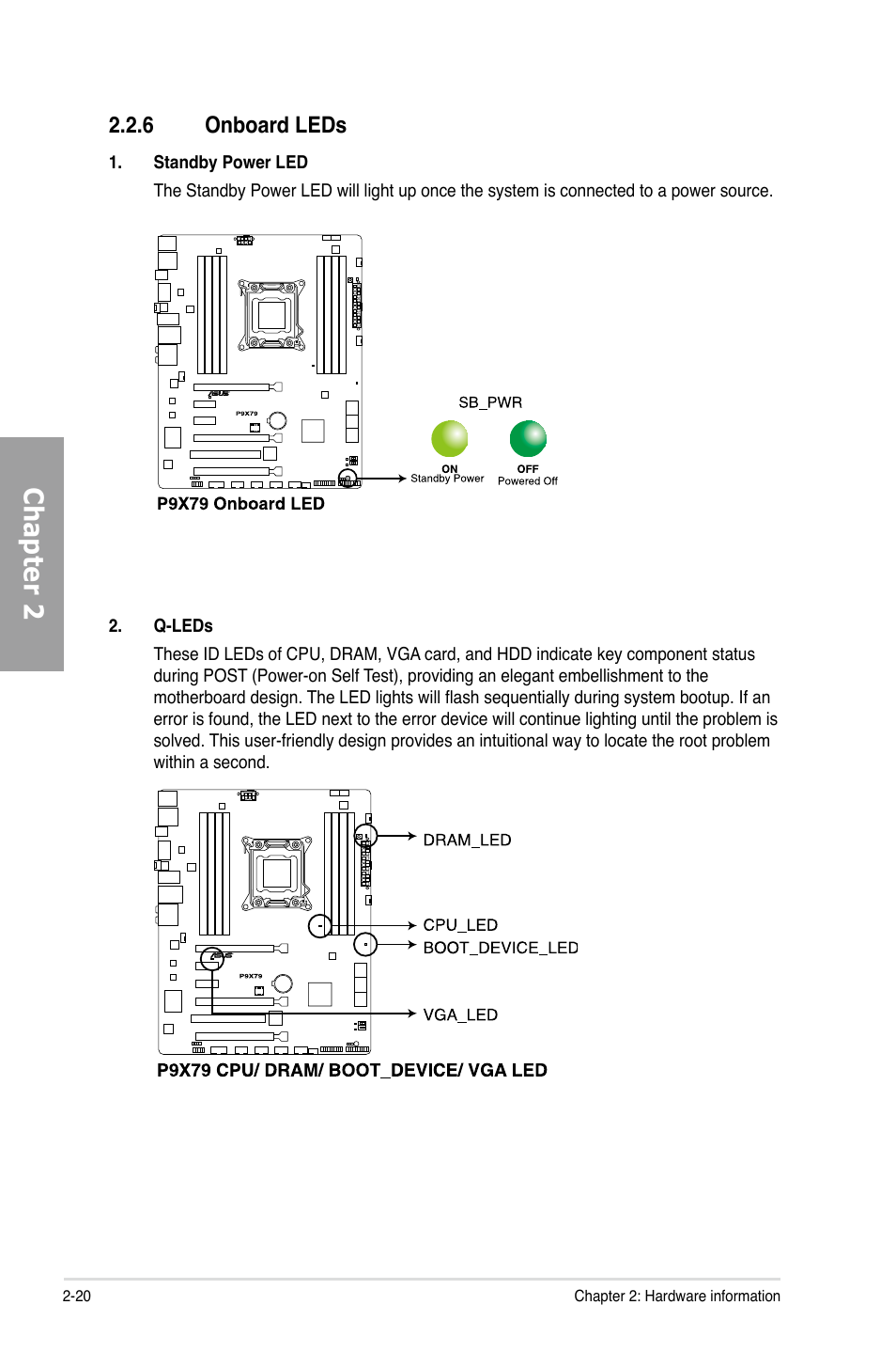 Chapter 2, 6 onboard leds | Asus P9X79 User Manual | Page 38 / 156