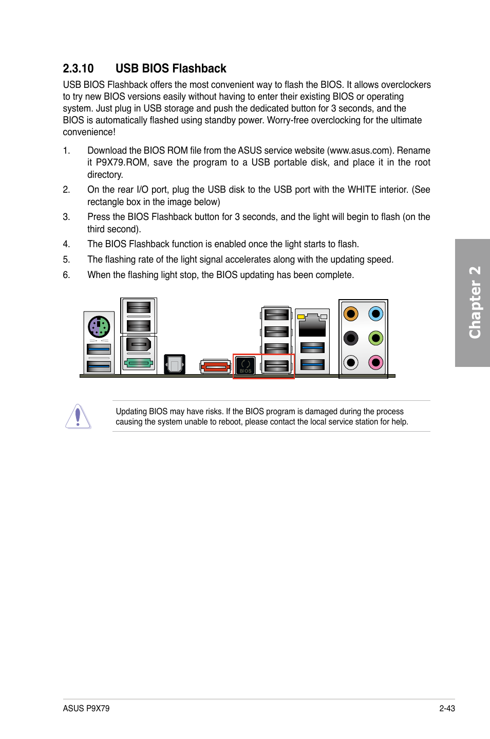 Chapter 2, 10 usb bios flashback | Asus P9X79 User Manual | Page 61 / 156