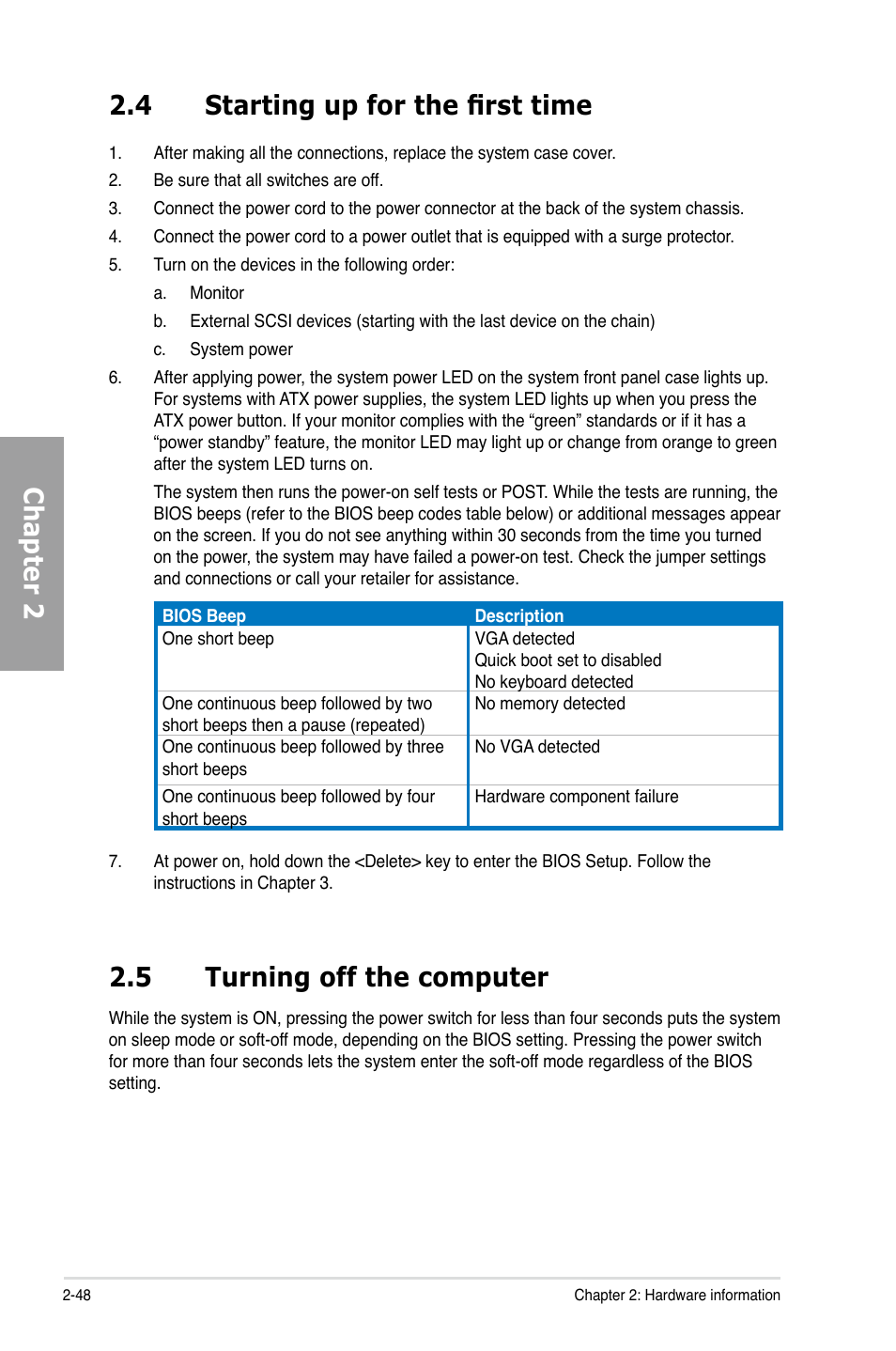 Chapter 2 2.4 starting up for the first time, 5 turning off the computer | Asus P9X79 User Manual | Page 66 / 156