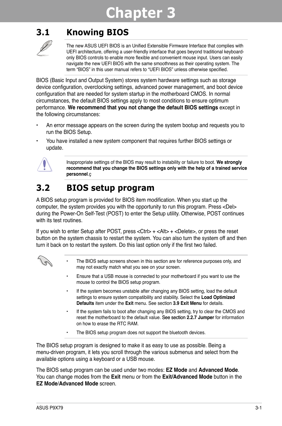 Chapter 3, 1 knowing bios, 2 bios setup program | Asus P9X79 User Manual | Page 67 / 156