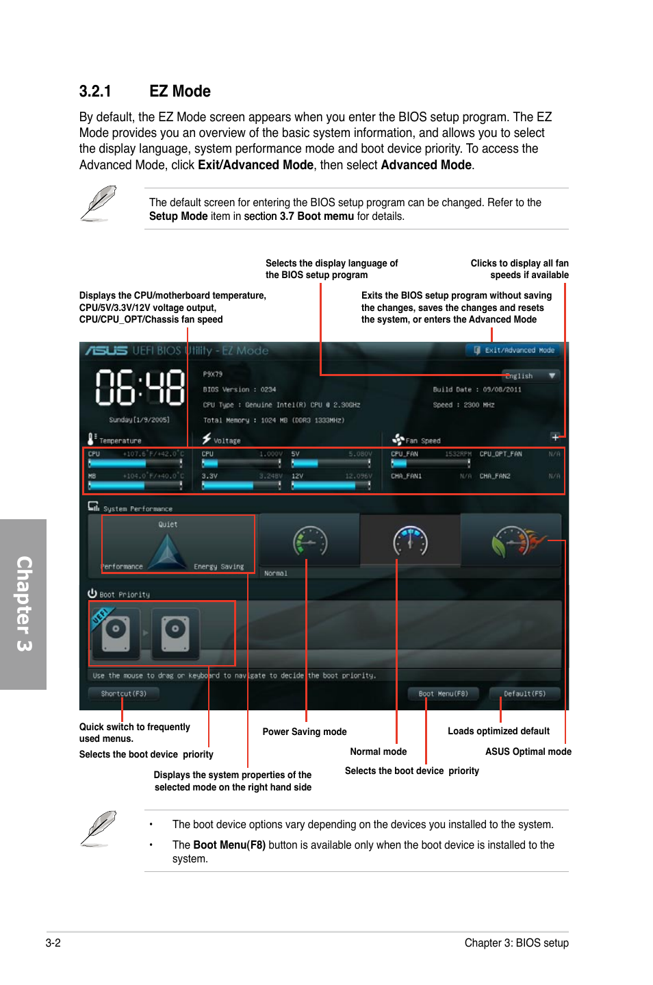 Chapter 3, 1 ez mode | Asus P9X79 User Manual | Page 68 / 156