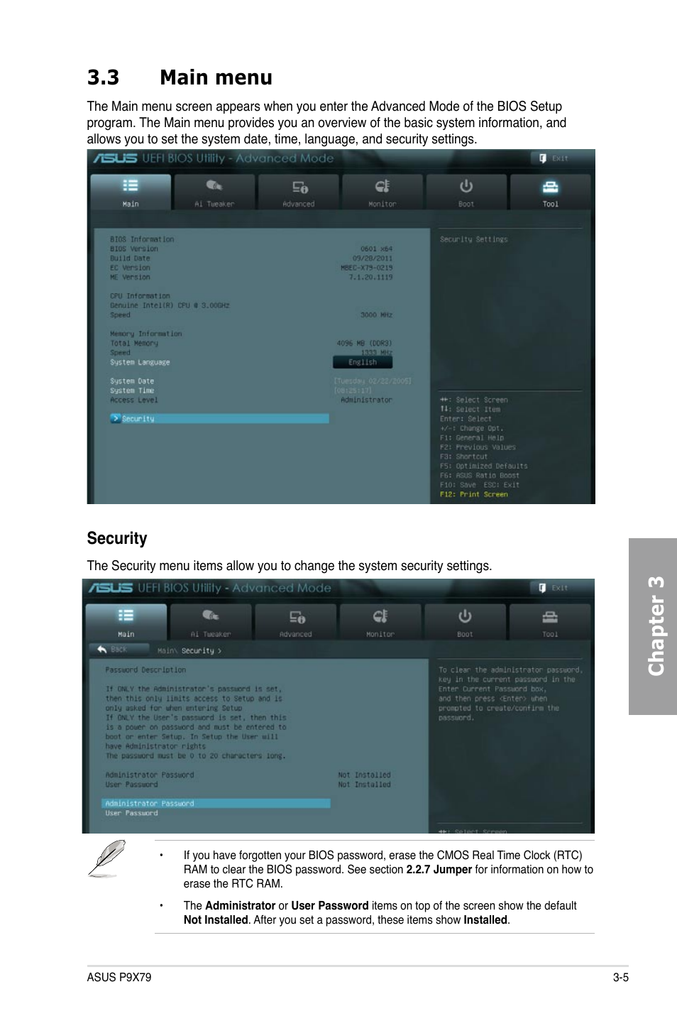 Chapter 3 3.3 main menu, Security | Asus P9X79 User Manual | Page 71 / 156