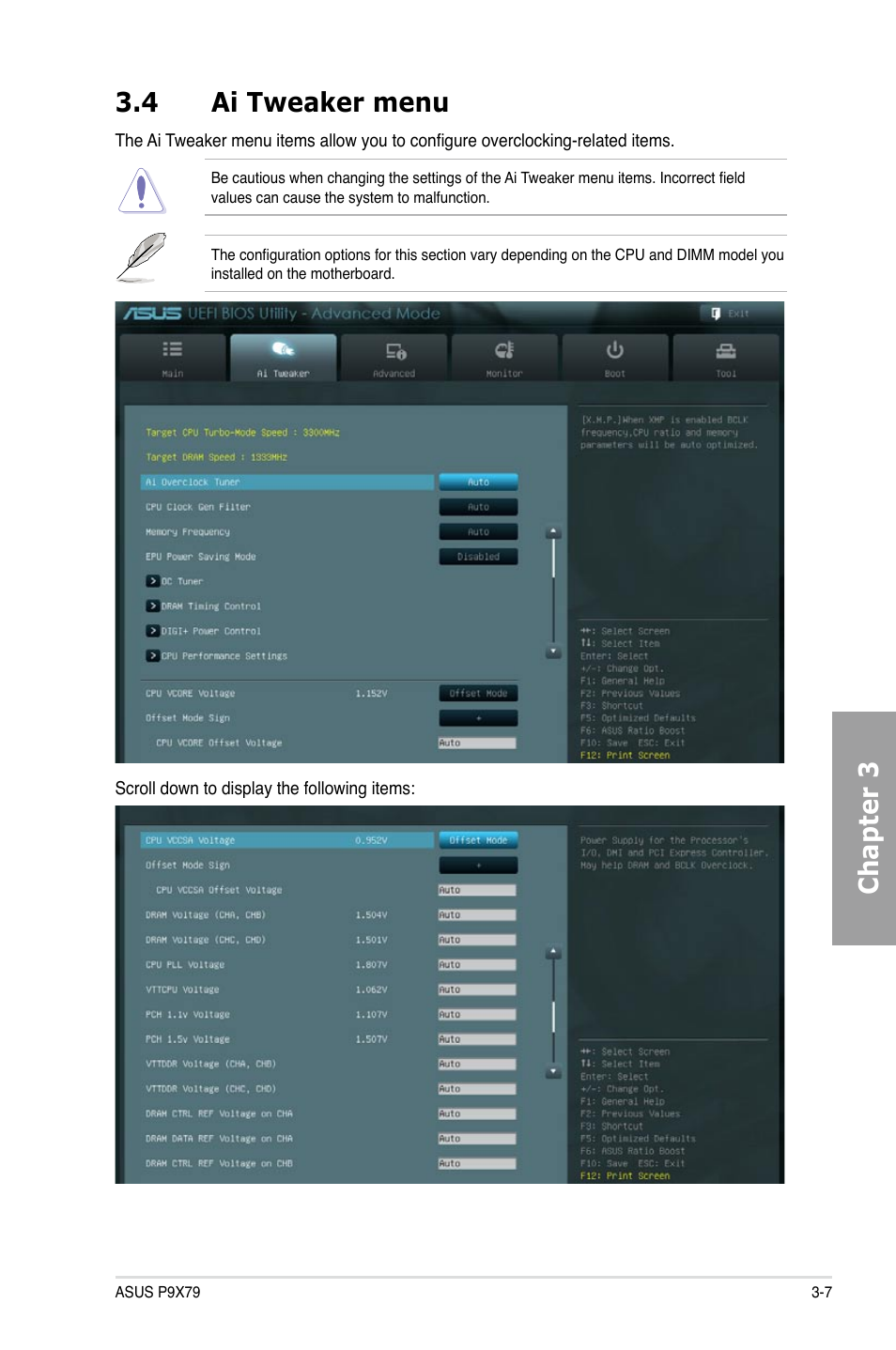 Chapter 3 3.4 ai tweaker menu | Asus P9X79 User Manual | Page 73 / 156