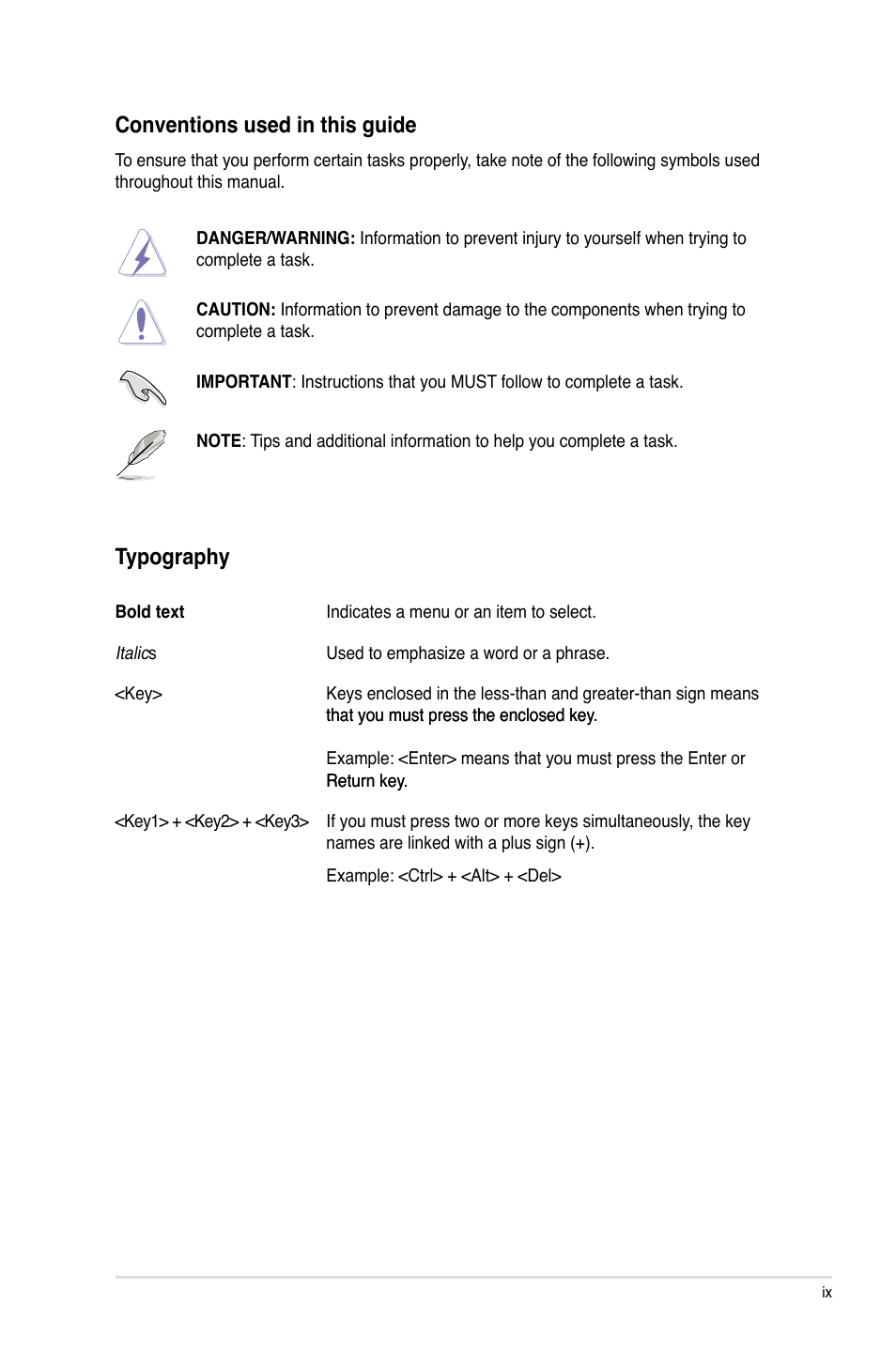 Conventions used in this guide, Typography | Asus P9X79 User Manual | Page 9 / 156