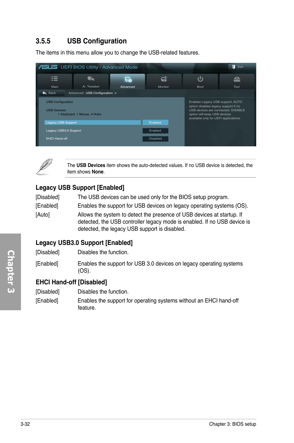 Chapter 3, 5 usb configuration, Legacy usb support [enabled | Legacy usb3.0 support [enabled, Ehci hand-off [disabled | Asus P9X79 User Manual | Page 98 / 156