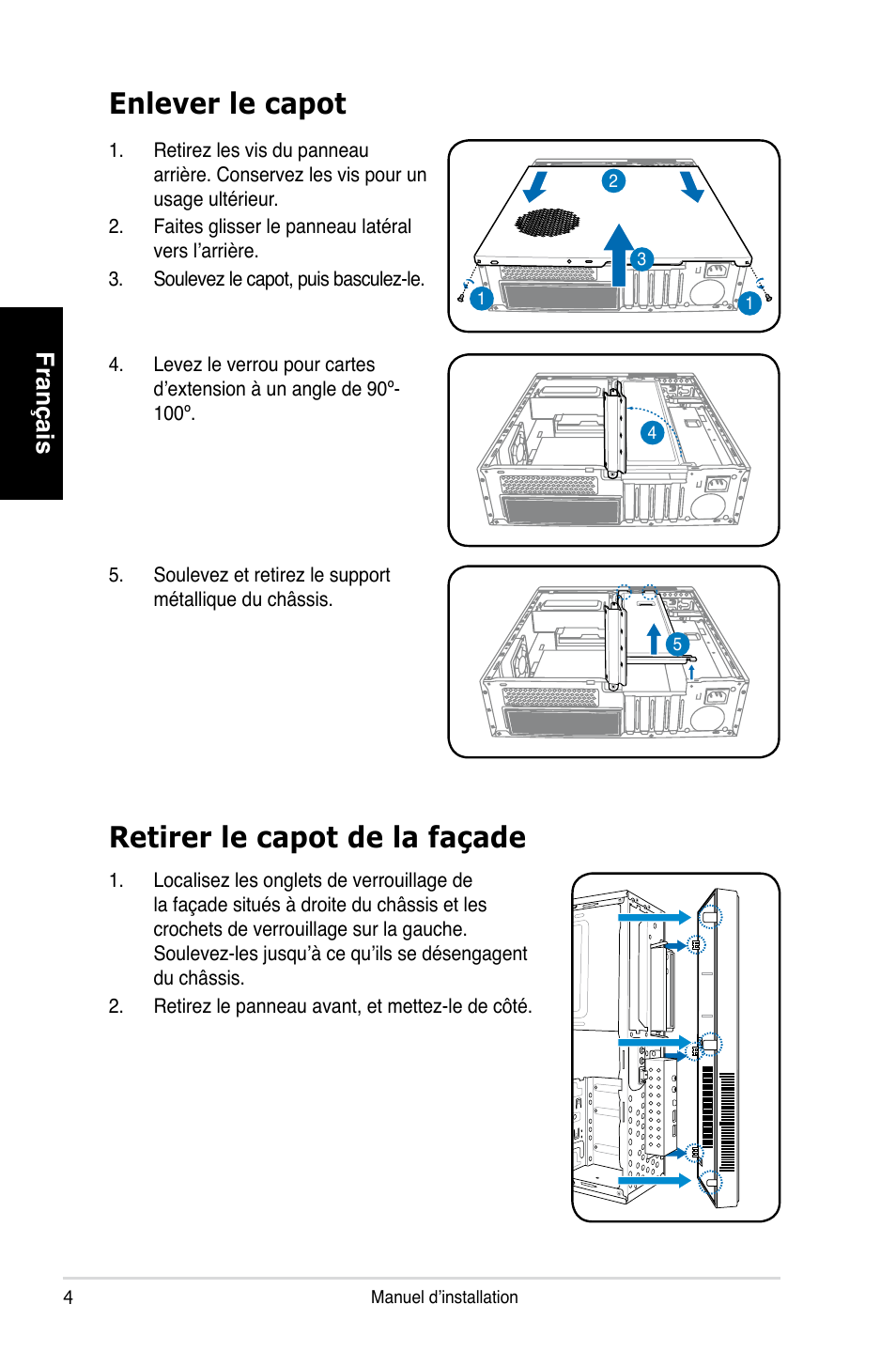 Enlever le capot, Retirer le capot de la façade, Français | Asus P3-PH4 User Manual | Page 12 / 80