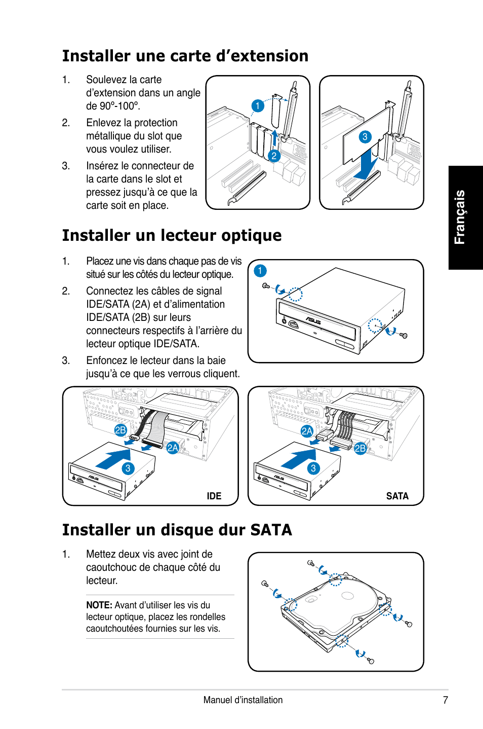 Installer une carte d’extension, Installer un lecteur optique, Installer un disque dur sata | Français | Asus P3-PH4 User Manual | Page 15 / 80