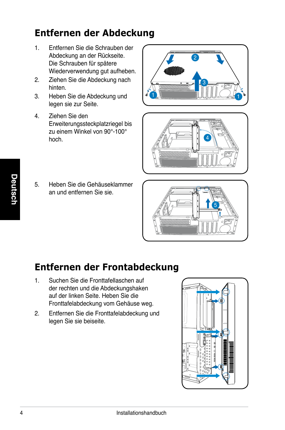 Entfernen der abdeckung, Entfernen der frontabdeckung, Deutsch | Asus P3-PH4 User Manual | Page 20 / 80