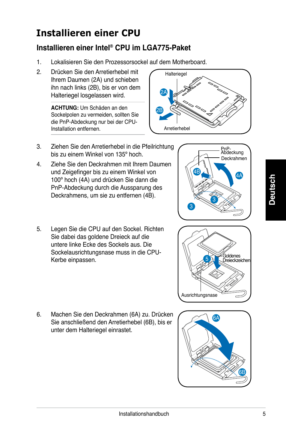 Installieren einer cpu, Deutsch, Installieren einer intel | Cpu im lga775-paket | Asus P3-PH4 User Manual | Page 21 / 80