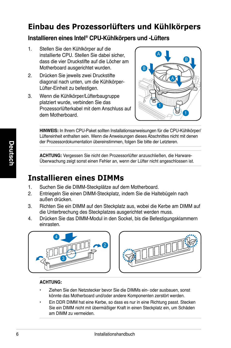 Installieren eines dimms, Einbau des prozessorlüfters und kühlkörpers, Deutsch | Installieren eines intel, Cpu-kühlkörpers und -lüfters | Asus P3-PH4 User Manual | Page 22 / 80