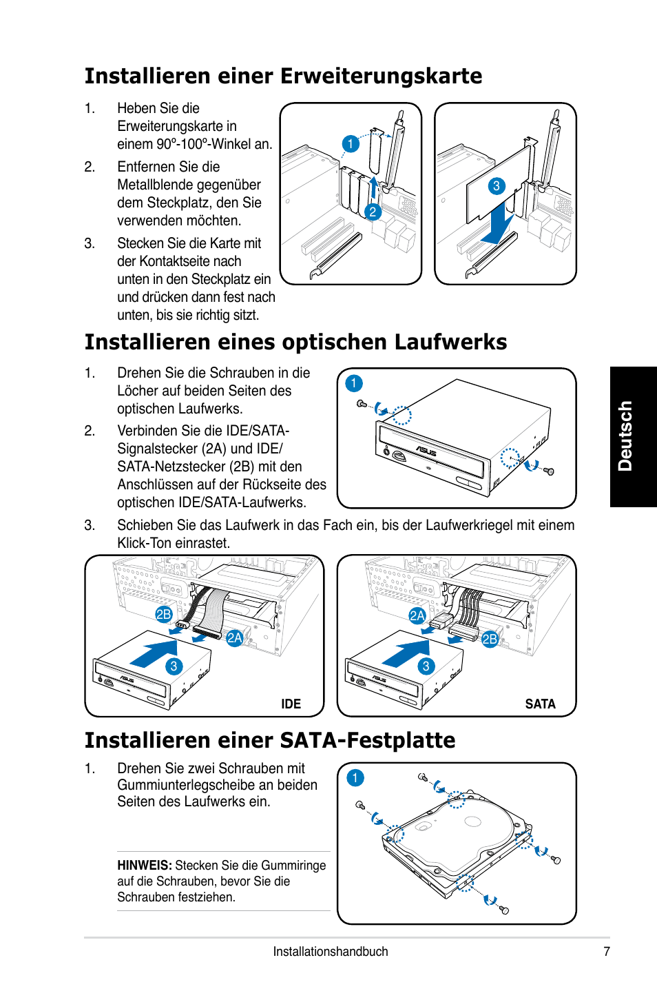 Installieren einer erweiterungskarte, Installieren eines optischen laufwerks, Installieren einer sata-festplatte | Deutsch | Asus P3-PH4 User Manual | Page 23 / 80