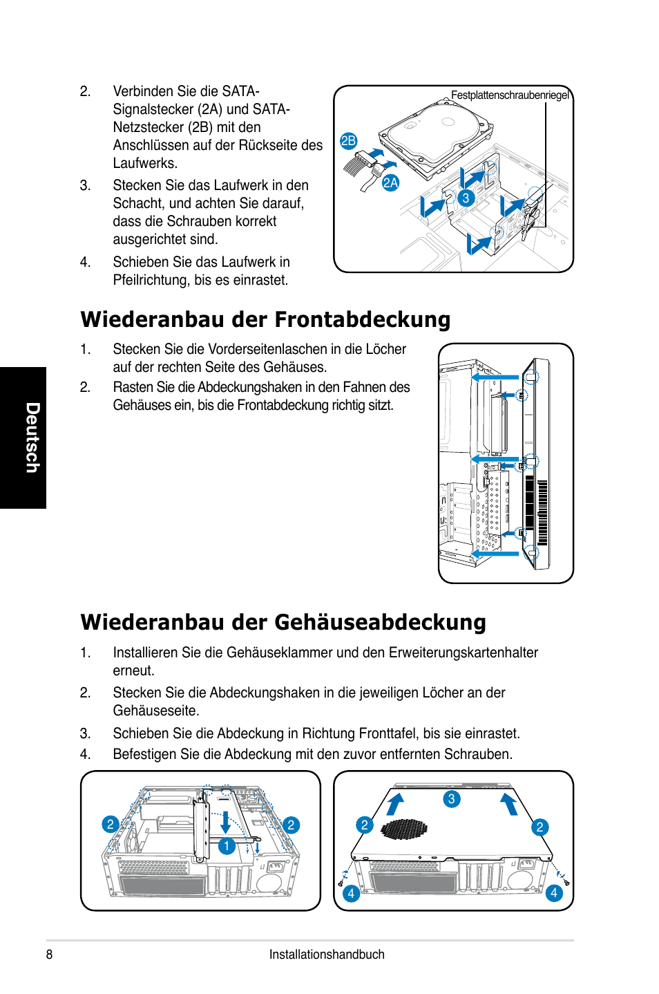 Wiederanbau der gehäuseabdeckung, Wiederanbau der frontabdeckung, Deutsch | Asus P3-PH4 User Manual | Page 24 / 80