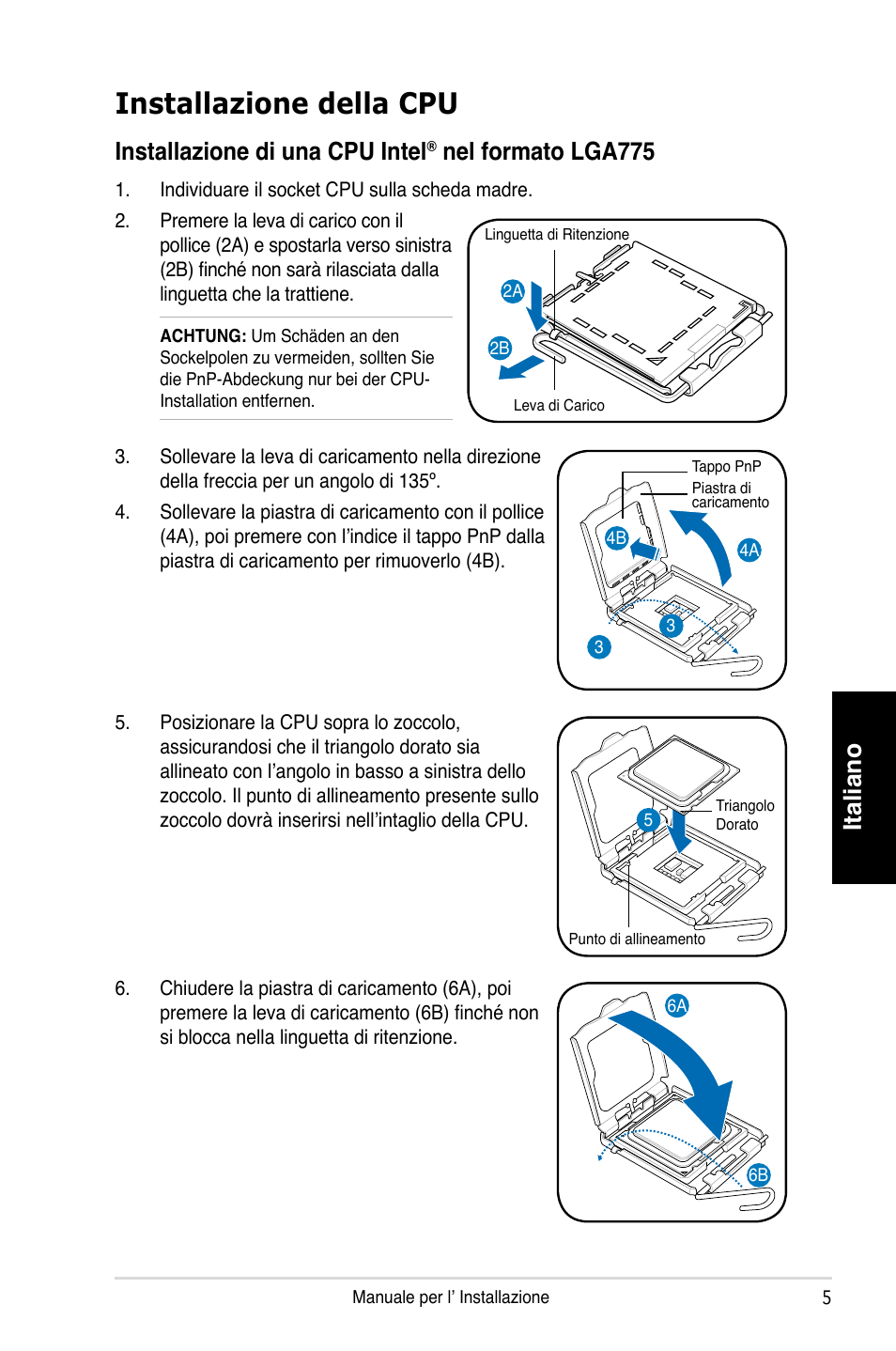 Installazione della cpu, Italiano, Installazione di una cpu intel | Nel formato lga775 | Asus P3-PH4 User Manual | Page 29 / 80