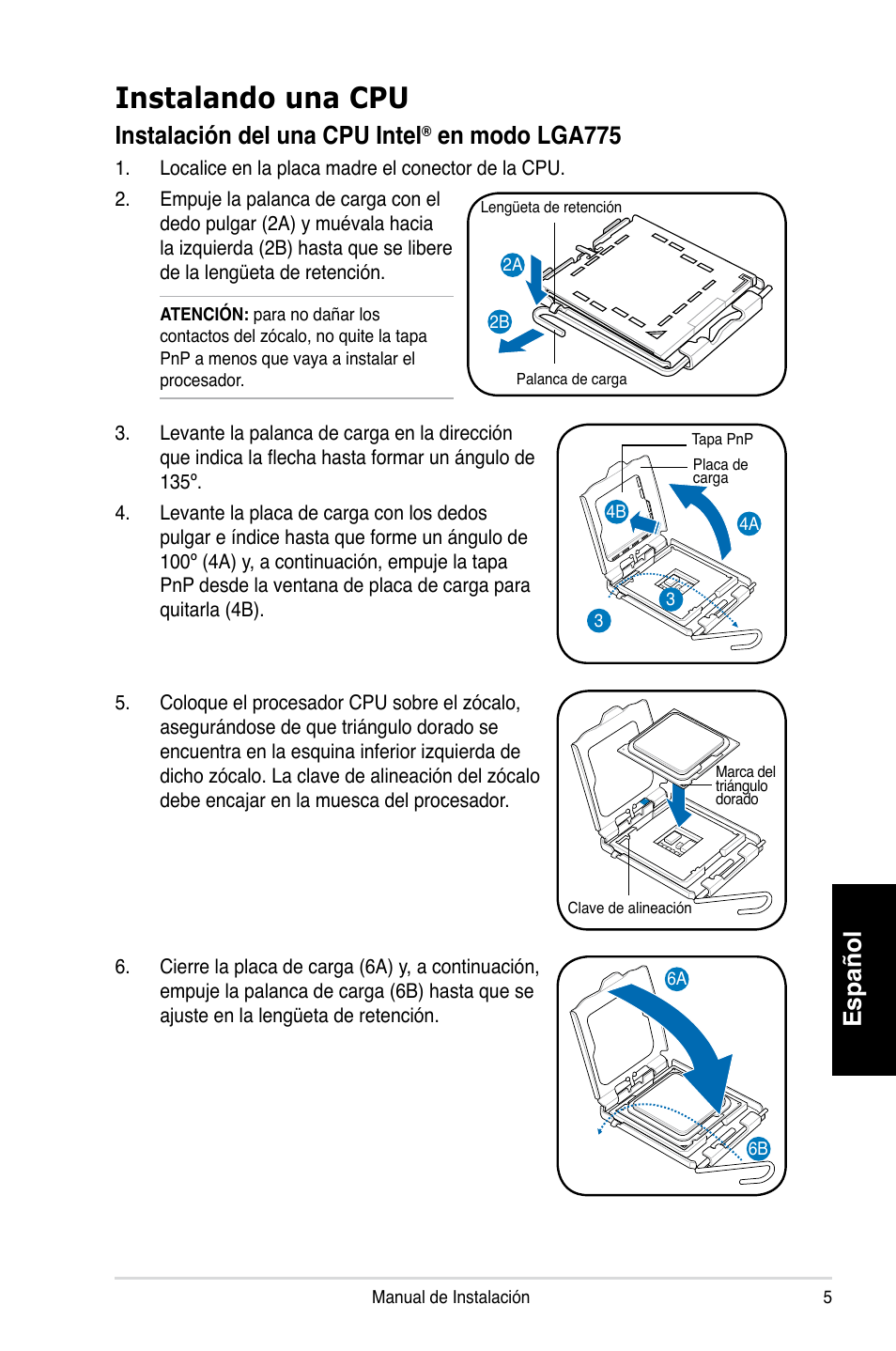 Instalando una cpu, Español, Instalación del una cpu intel | En modo lga775 | Asus P3-PH4 User Manual | Page 37 / 80