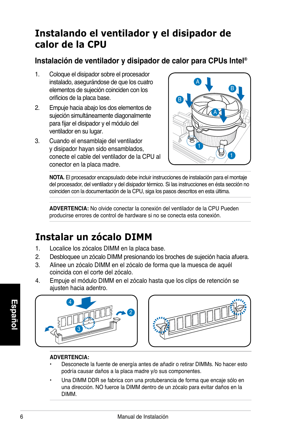 Instalar un zócalo dimm, Español | Asus P3-PH4 User Manual | Page 38 / 80